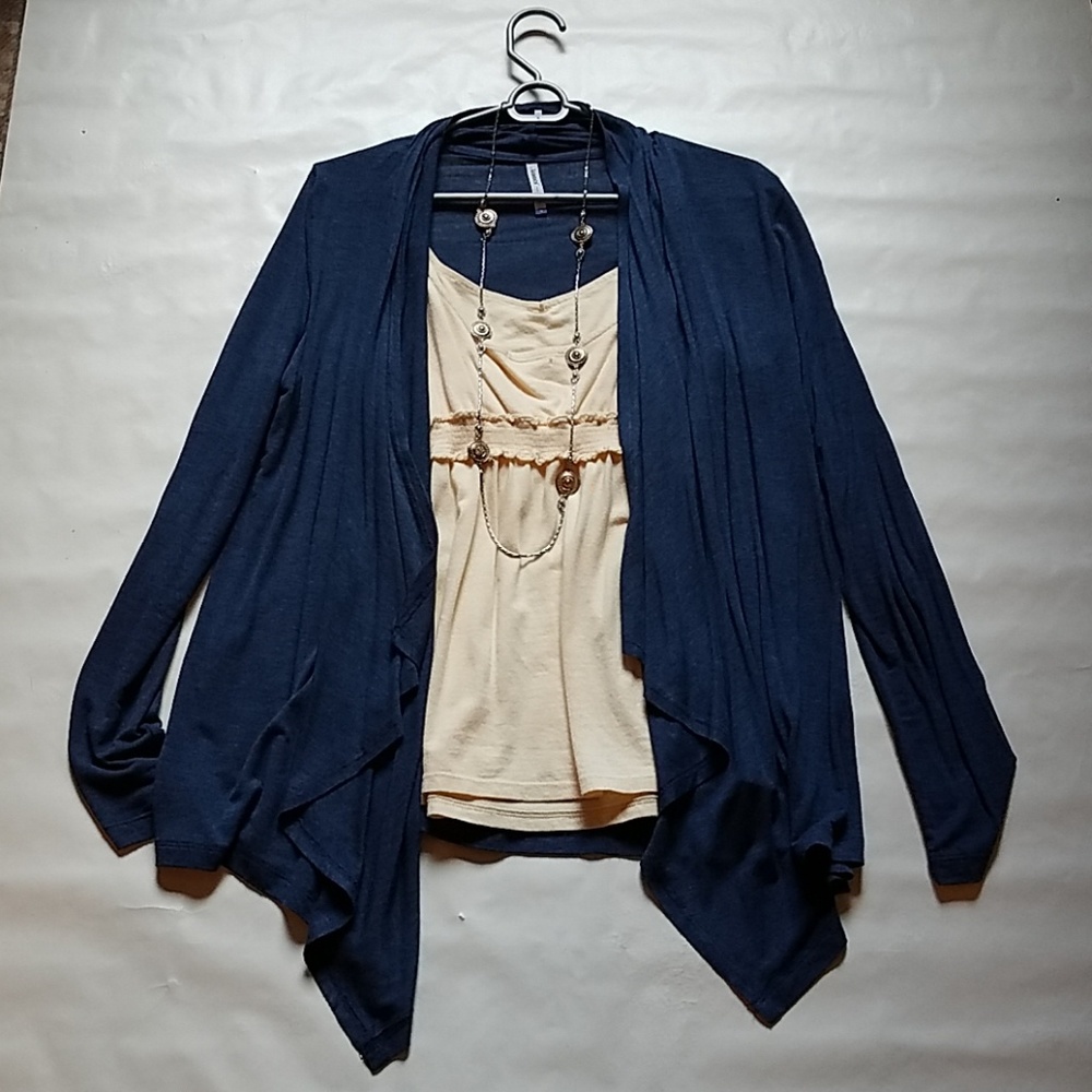 Navy blue cardigan.